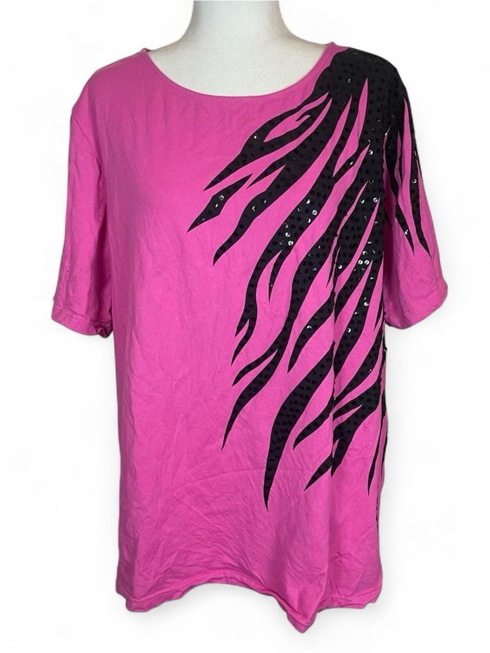 Vintage Bob Macke Wearable Art Plus Size 2X Sequin Top Blouse Pink Black Cotton